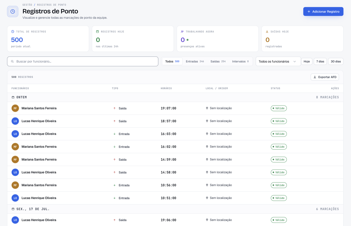 Listagem de registros de ponto com assinatura digital